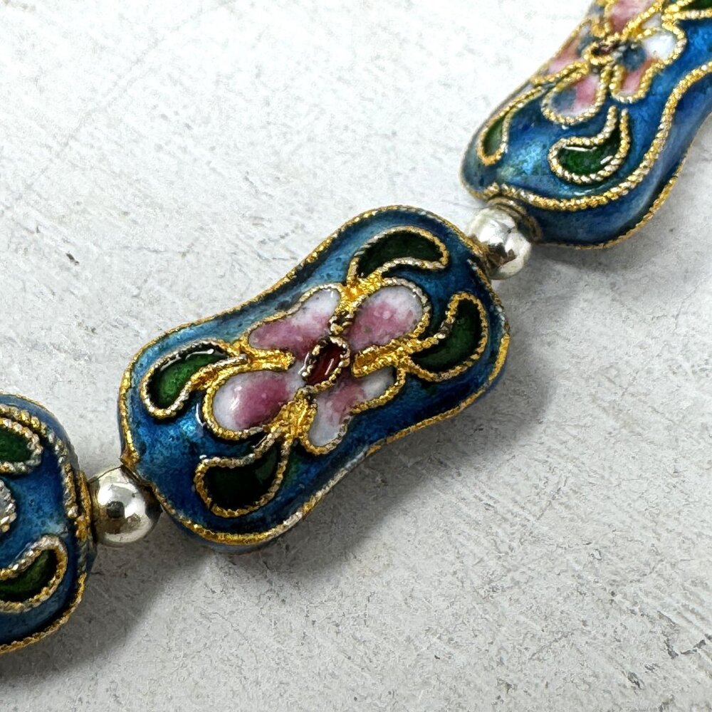 Vintage Cloisonné Beads Turquoise With Pink Floral Design & Gold Accents